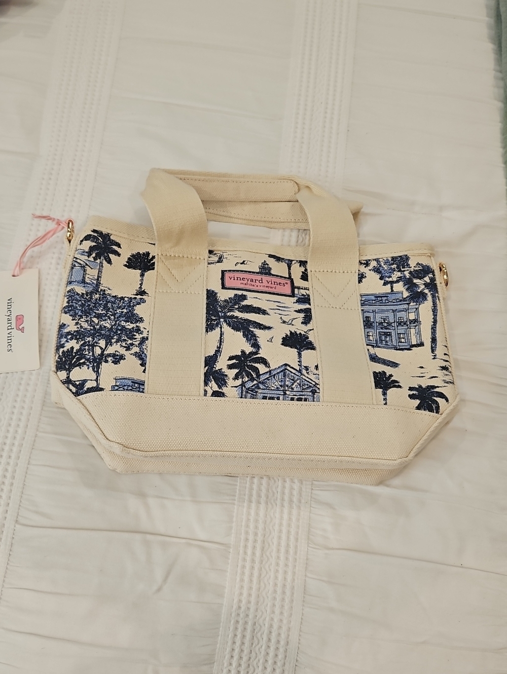 Vineyard Vines Cream Canvas Tote with Navy Coastal Print